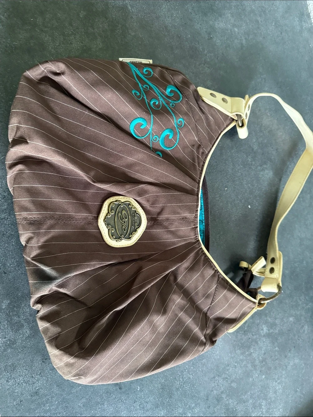 Brown Pinstripe Shoulder Bag with Teal Embroidery hobo bag by Ogio
